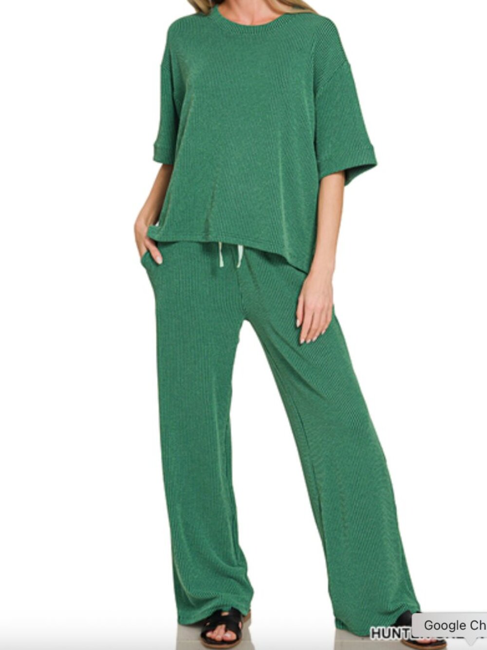 Raised Rib Short Sleeve Tee & Pants Set in Hunter Green
